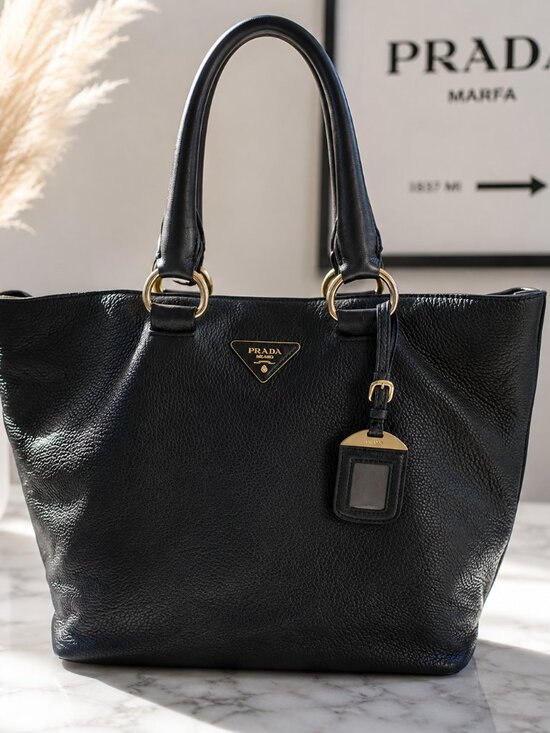 Prada Handbags - Prada Black Pebbled Leather Large Tote Bag Gold Hardware Shoulder Strap
